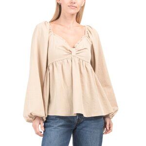 IN FEBRUARY natural Front Bow And Smocked Back Slub Babydoll Top